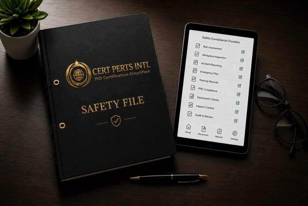 A CERT PERTS INTL safety file alongside a documented compliance checklist